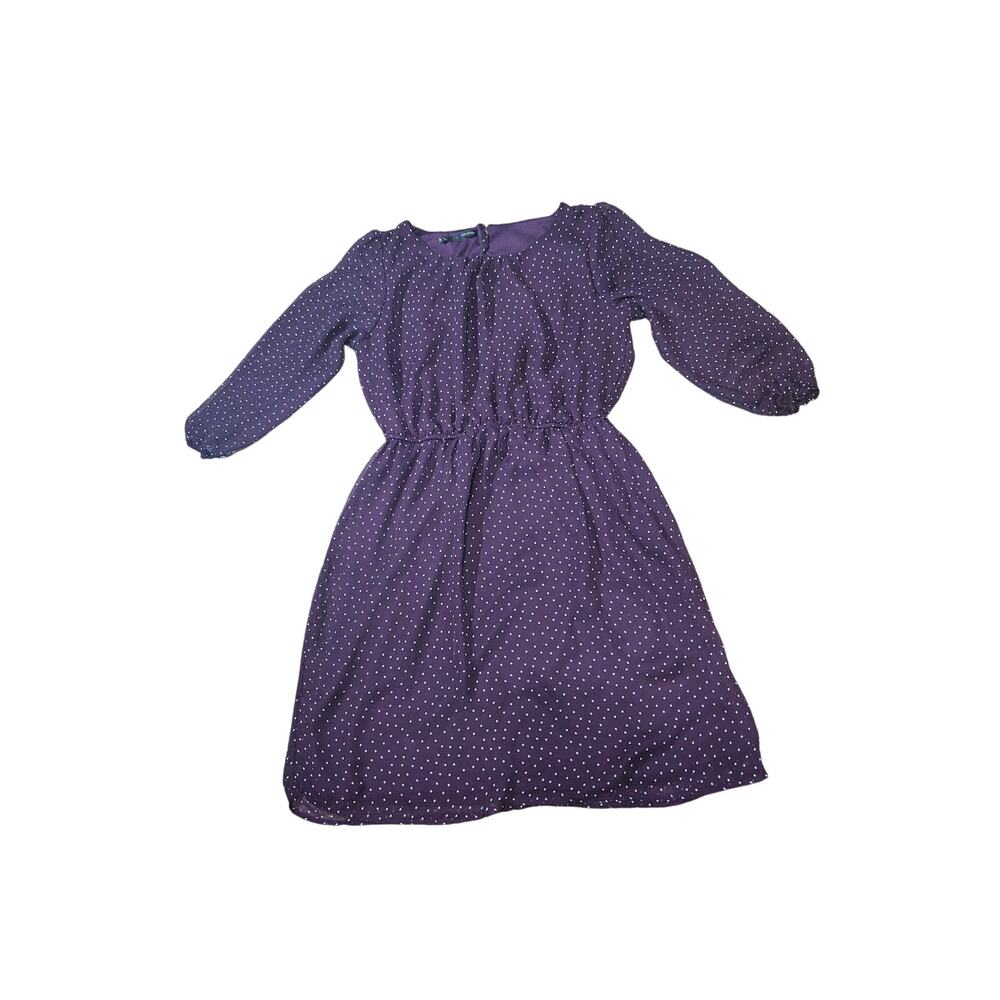 Maurices Coquette Knee‎ Length Purple White Polka Dot Dress M 3/4 Sheer Sleeves